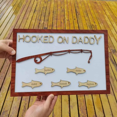 Hooked on Daddy Papa Grandpa Personalised 1-10 Names Engraved Fishing Trip Gift For Him