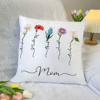 Custom Mum Pillow With Kids' Names & Birth Month Flowers For Mother's Day