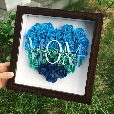 Personalised Mum Flower Shadow Box Red Oak Frame With Name For Mother's Day