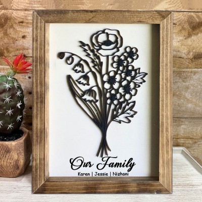 Custom Birth Flower Bouquet Frame With Kids Name For Mom Grandma Mother's Day Gift Ideas