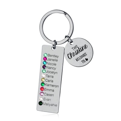 Personalised This Grandma Mum Grandpa Belongs to 8-15 Children Names with Birthstones Keychains