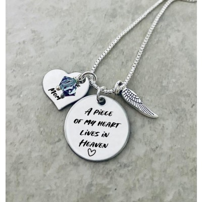 Personalized A Piece of My Heart Lives In Heaven Birthstone Necklace with Angel Wing