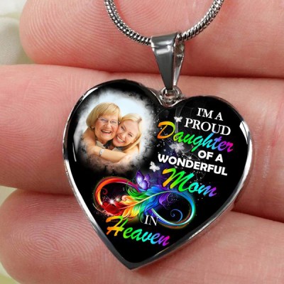 I'm A Proud Daughter Of A Wonderful Mum In Heaven Necklace-Personalised Memorial Heart Photo Necklace