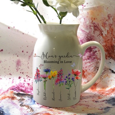 Custom Mom's Garden Vase With Kids Name and Birth Flower For Mother's Day