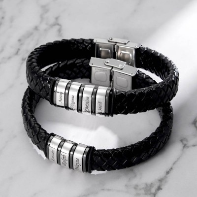 Personalised Mens Beads Braid Name Leather Bracelets With 1-10 Beads