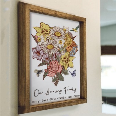 Custom Birth Flower Family Bouquet Art Wood Sign For Mum Grandma Christmas Gift Ideas