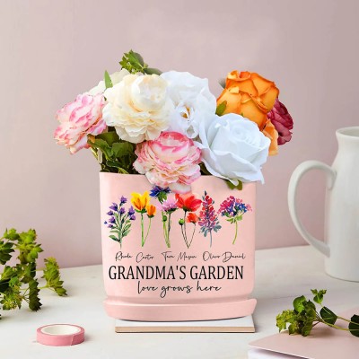 Custom Grandma's Garden Birth Month Flower Pot With Grandkids Name For Mother's Day