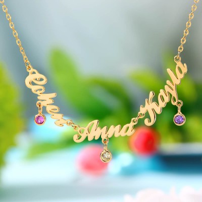 Personalised 1-7 Names Necklace With Birthstones 