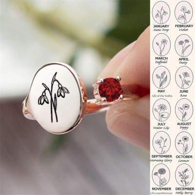 Personalised Birth Flower Ring With Birthstone January Snowdrop
