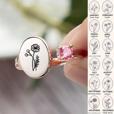 Personalized Birth Flower Ring With Birthstone October Cosmos