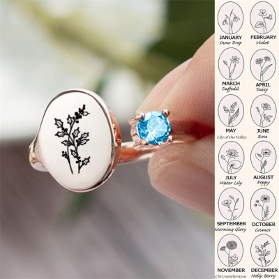 Personalised Birth Flower Ring With Birthstone December Holly