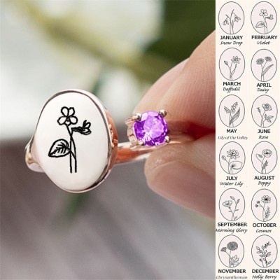 Personalised Birth Flower Ring With Birthstone February Violet