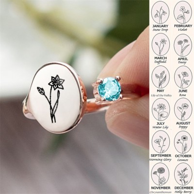 Personalised Birth Flower Ring With Birthstone March Daffodil