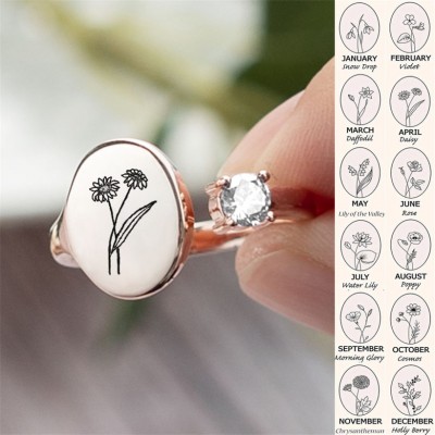 Personalised Birth Flower Ring With Birthstone April Daisy