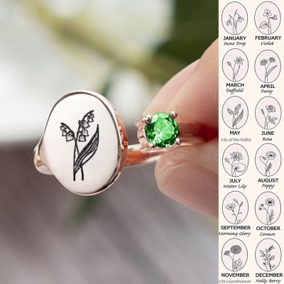 Personalised Birth Flower Ring With Birthstone May Lily of the valley