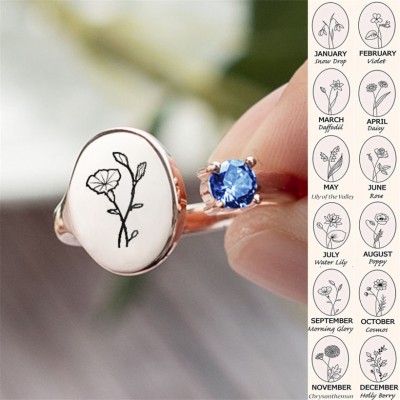 Personalised Birth Flower Ring With Birthstone September Morning Glory