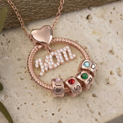 18K Rose Gold Plating Linda Circle Pendant Necklace With Engraved Name Beads Mum Birthstone Gift