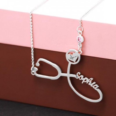 Personalized Stethoscope Name Necklace With Birthstone For Our Heroes