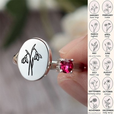 Personalised Birth Flower Ring With Birthstone January Snowdrop
