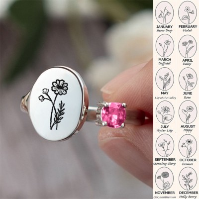 Personalised Birth Flower Ring With Birthstone October Cosmos