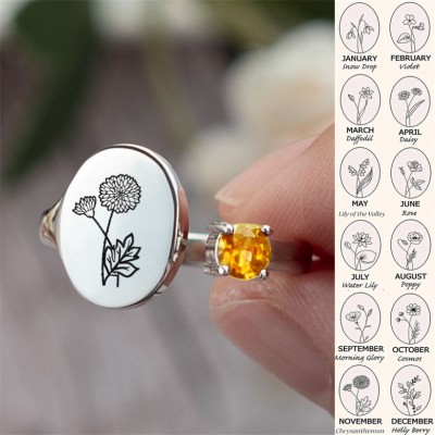 Personalised Birth Flower Ring With Birthstone November Chrysanthemum
