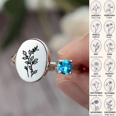 Personalized Birth Flower Ring With Birthstone December Holly