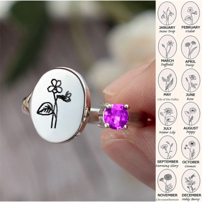 Personalised Birth Flower Ring With Birthstone February Violet