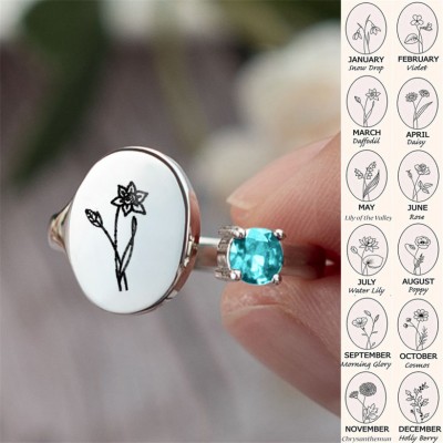 Personalised Birth Flower Ring With Birthstone March Daffodil