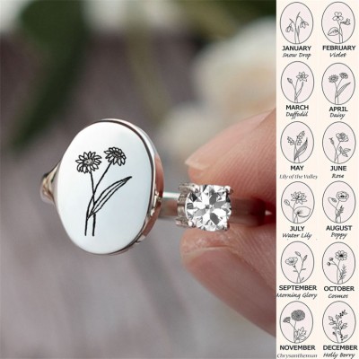 Personalised Birth Flower Ring With Birthstone April Daisy
