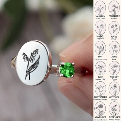 Personalized Birth Flower Ring With Birthstone May Lily of the valley