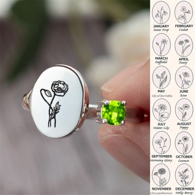 Personalized Birth Flower Ring With Birthstone August Poppy