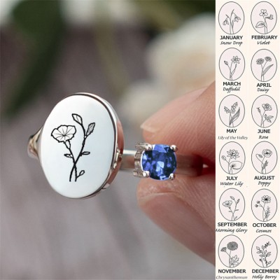 Personalised Birth Flower Ring With Birthstone September Morning Glory