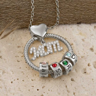 Silver Linda Circle Pendant Necklace With Engraved Name Beads Mum Birthstone Gift