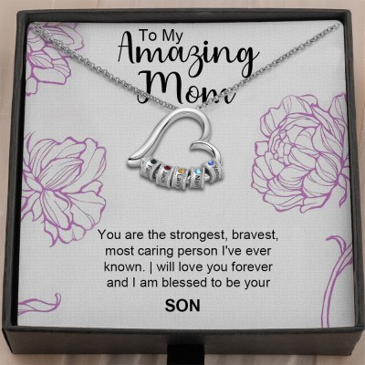 To My Mum Personalised Heart Necklace with Engraved Name Beads For Mother's Day