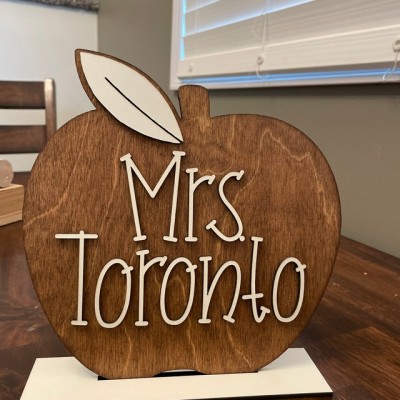 Personalised Teacher Name Wood Apple Sign Back to School Office Decor Christmas Gift