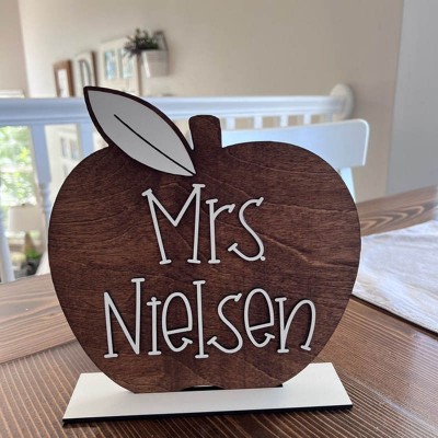Personalised Teacher Name Wood Apple Sign Back to School Office Decor Christmas Gift