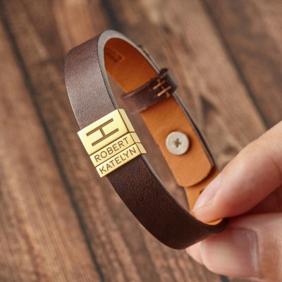 Personalised Dad And Children's Name Engraving Beads Leather Bracelets