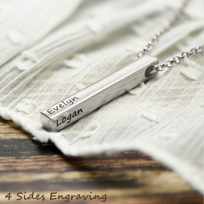 Personalised Vertical 3D Silver Gold Bar With 1-4 Sides Engraving Name Necklaces