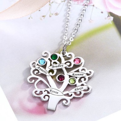 Personalised Tree-Design Family Necklace With 1-6 Names And Birthstones