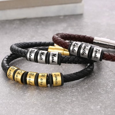 Personalised 1-10 Beads Engraving Name Brown Leather Bracelet Gifts for Him