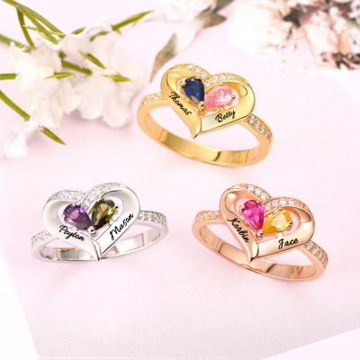 S925 Sterling Silver Personalised Birthstone Couple 2 Names Ring For Her