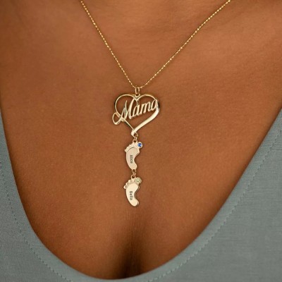 Silver Personalized Mama Heart Baby Feet Pendant Birthstone Name Necklace with 1-10 Charms