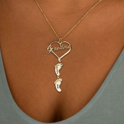 Personalised Grandma Heart Baby Feet Pendant Birthstone Name Necklace with 1-10 Charms