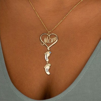 Personalised MOM Heart Baby Feet Pendant Birthstone Name Necklace with 1-10 Charms