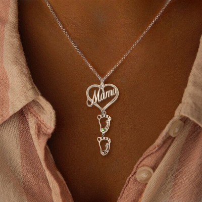 Silver Personalised Mama Heart Pendant Birthstones Name Necklace with 1-10 Hollow BabyFeet Charms