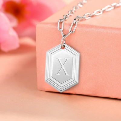 Silver Personalized Engraved Initial Pendant Link Chain Necklace Layering Charms Gift For Her