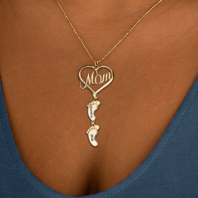 18K Rose Gold Plating Personalised Love Mum Heart 1-10 Baby Feet Charms Engraved Name Necklace