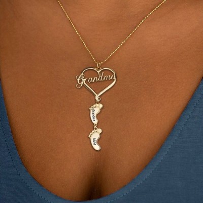 Personalized Love Grandma Heart Baby Feet Shape Engraved Name Necklaces With 1-10 Pendants