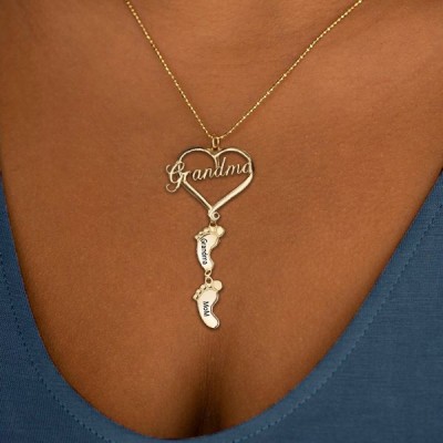 18K Rose Gold Plating Personalized Love Grandma Heart 1-10 Baby Feet Shape Engraved Name Necklace