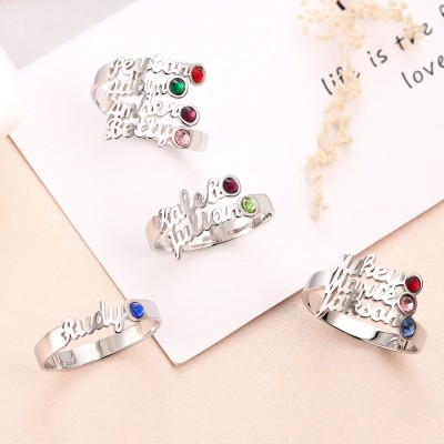 S925 Sterling Silver Personalised Name Ring With Birthstone